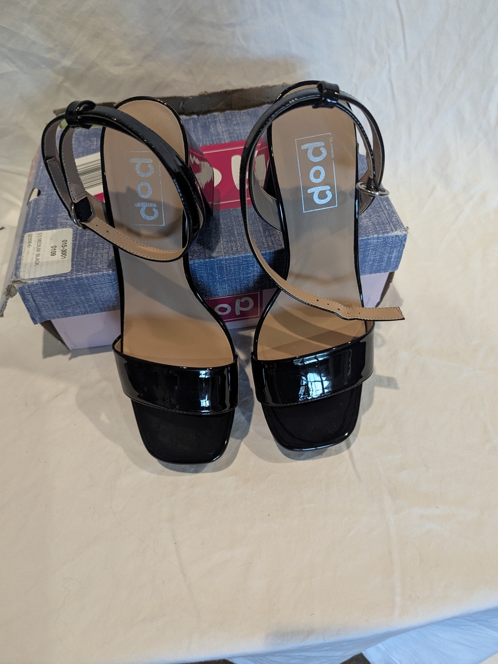 pop Black Patent Block Heel Sandals with Ankle Strap